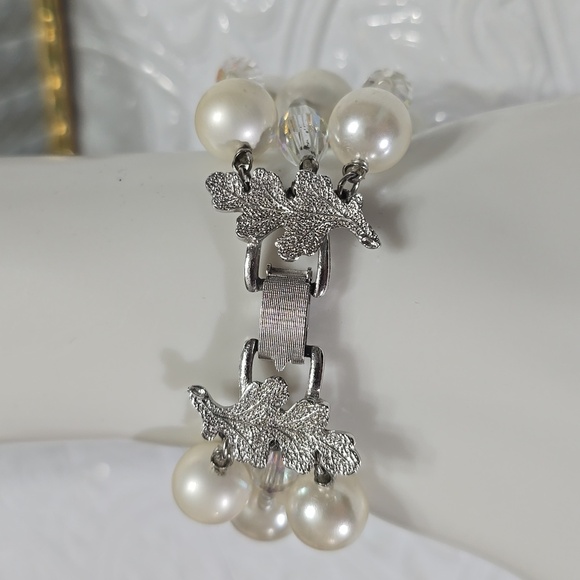 Vendome Faux Pearl and Faceted AB Aurora Borealis Three Strand Vintage Bracelet